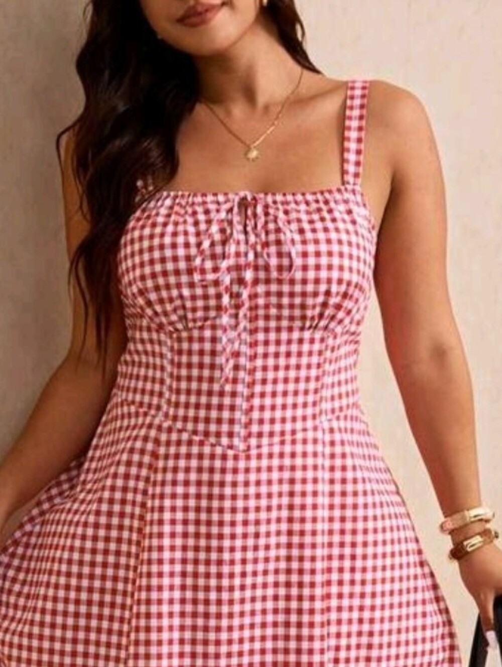 New Gingham Lace Up Back A Line Midi Dress PLUS Red White - Picture 3 of 11